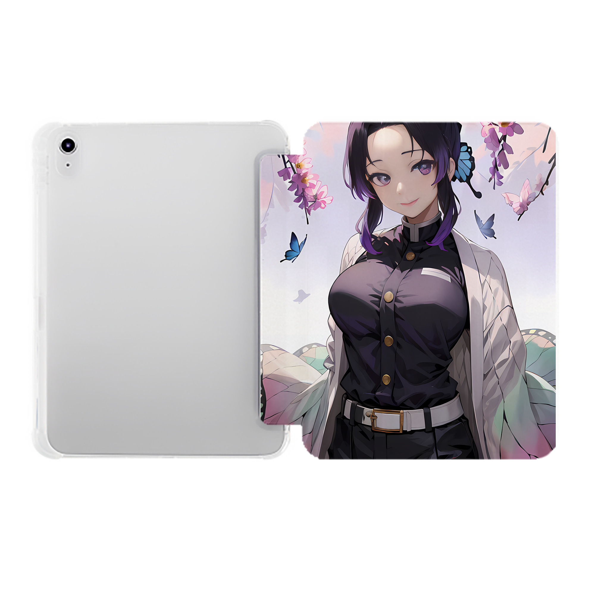 （画像用） 鬼滅の刃（きめつのやいば）蟲柱-胡蝶 しのぶ／こちょう しのぶ Kochou Shinobu IPad ケース ペン収納付き 三つ折りスタンド PUレザー×シリコン 対応機種9.5/10.5/10.9インチ